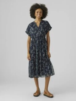 Vero Moda Vmsmilla V Neck Calf Dress - Blousejurk - Night Sky/Vega